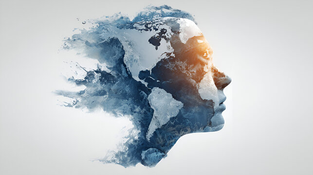 A profile of a face with the worlds map superimposed a surreal artistic creation