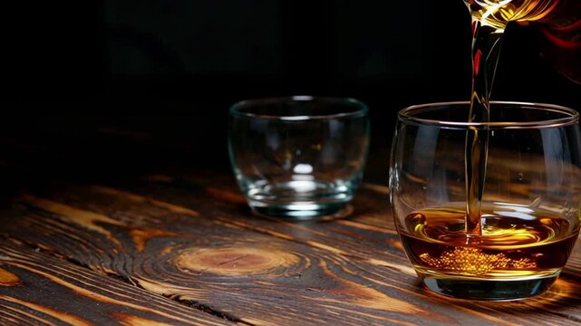 Pouring a dram of amber whiskey into a tumbler glass on a rustic wooden table with a dark background.