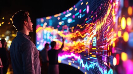 Data scientist presenting insights on a massive curved screen filled with dynamic visualizations, set in a tech environment with an audience. Data scientist