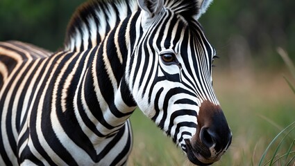 Naklejka premium Close-up of a zebra's head with black and white stripes, showing detailed facial features and surroundings.