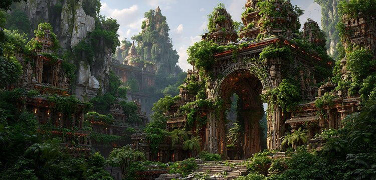 Deep jungle ruins embedded with orange glowing AI circuits and tech vines