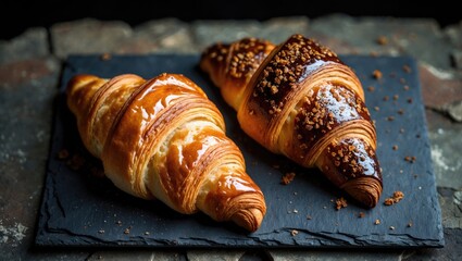 Two croissants with different toppings on a slate serving board.