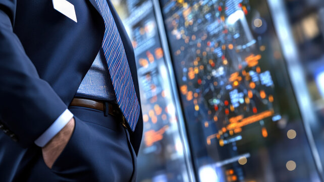 Tech professional analyzing a large vertical display with real-time network threat maps in a high-security office. Data scientist - Powered by Adobe