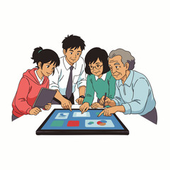 A diverse, multi-generational team collaborates around an interactive digital screen, showcasing inclusive teamwork and shared innovation in a modern workplace setting.