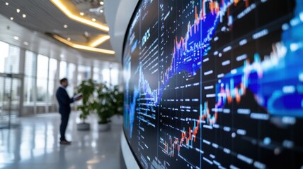 Male expert analyzing layered dashboards on large interactive screen in modern office with urban skyline and high ceiling. Data scientist
