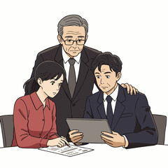 Fototapeta premium A diverse, multi-generational business team collaboratively reviews important documents and a tablet, fostering an inclusive and equitable corporate environment.