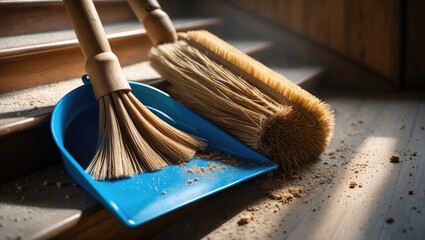Brooms, dustpan, and dust on a wooden floor in a home cleaning scene. Household cleaning tools and mess. Dust and dirt removal. The concept of cleaning and tidiness