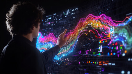 Data analyst gesturing at holographic screen with colorful data visualizations and graphs. Data scientist