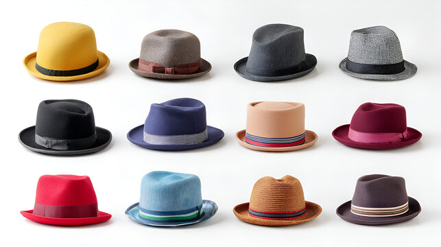 Twelve stylish hats in various colors and styles displayed on a white background - Powered by Adobe
