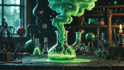 Vintage Science Experiment: Green Liquid Reaction with Smoke in a Rustic Lab