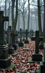 A neglected cemetery in the forest with stone crosses
