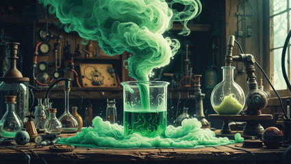 Vintage Science Experiment: Green Liquid Reaction with Smoke in a Rustic Lab