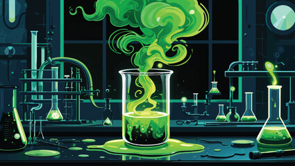 Vintage Science Experiment: Green Liquid Reaction with Smoke in a Rustic Lab