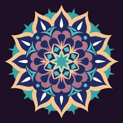 Colorful Mandala Design with Geometric Petals and Dark Purple Background pattern