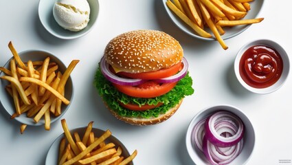 A burger with lettuce, tomato, and onion, surrounded by French fries, onion rings, ketchup, and a scoop of ice cream on a white background.