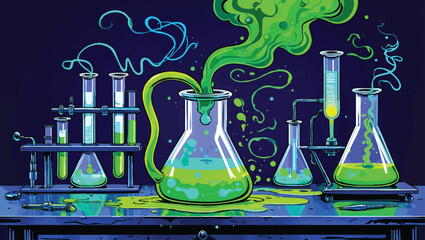 Vintage Science Experiment: Green Liquid Reaction with Smoke in a Rustic Lab