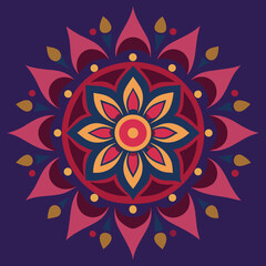 Vibrant Mandala Design with Red, Blue, and Yellow Petals on Dark Purple geometric pattern