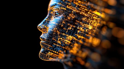 Human-tech hybrid head with layered binary digits and geometric data lines in dark space. Data scientist