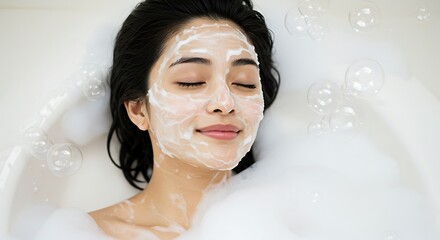 Serene Woman with Facial Mask Relaxing in a Bubbly Bath