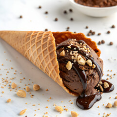 Close-up of a crispy waffle cone filled with rich chocolate ice cream, topped with glossy chocolate sauce drizzle and sprinkled with chopped hazelnuts