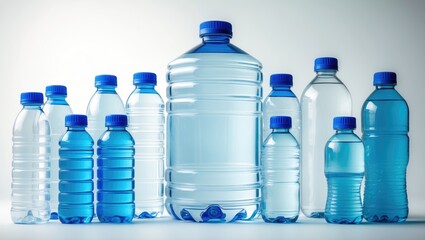 Naklejka premium A variety of plastic water bottles of different sizes and shades of blue arranged against a plain background.