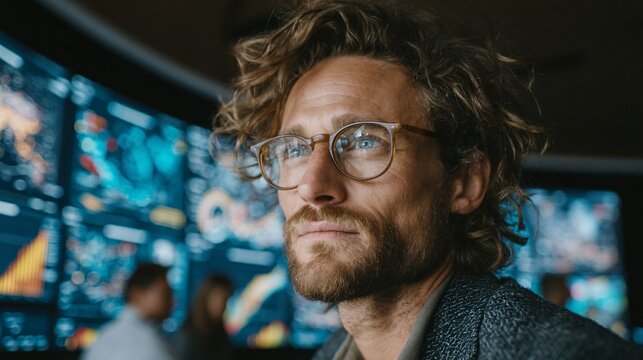 Corporate Strategist Analyzing Predictive Analytics on Curved Screen - Powered by Adobe