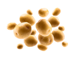 Golden potatoes levitate on a white background