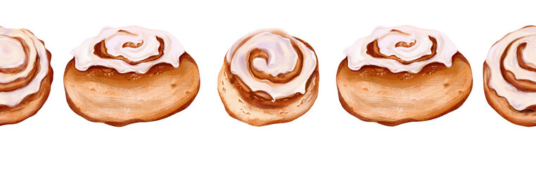 Border of cinnamon rolls in cozy watercolor style, warm and appetizing. Perfect for bakery branding, menu decoration, packaging design, invitations, and cafe-themed graphics.