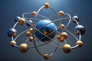 Atom model with blue center and sphere electrons