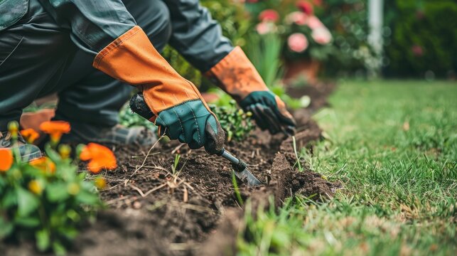 Hands in gardening gloves working soil with a trowel in a blooming flower bed, garden cultivation and care.