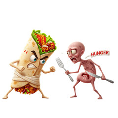 Cartoon burrito fighting hunger monster with utensils. Bold fast food PNG for editorial, campaigns, and creative design.