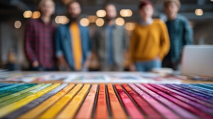 Multi-Ethnic Creative Team Collaborating on Client Pitch with Mood Board