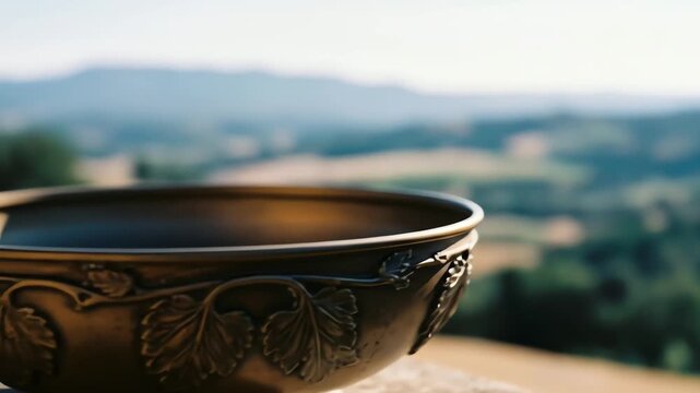 Bronze Bowl with Leaf Pattern on Stone Overlook in Sunny Landscape