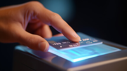 Futuristic Payment Terminal with Glowing Digital Credit Card Transaction