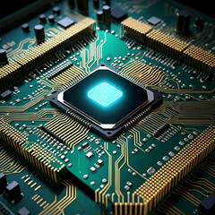 Illuminated CPU on Circuit Board; Data Processing; Technology Background; Tech Illustration