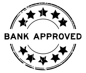 Grunge black bank approved word with star icon round rubber seal stamp on white background