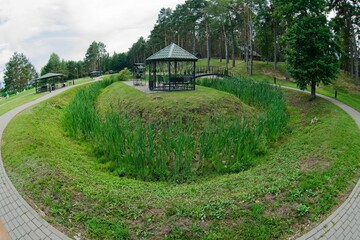 Lake Narach, Belarus, July 16, 2025. Gazebos on the territory of the Sputnik sanatorium.                               
