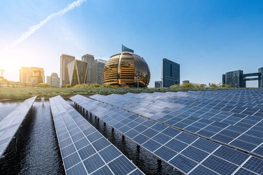 Solar Panels in Urban Setting with Modern Buildings