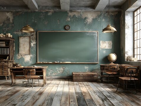 A rustic and vintage classroom setting shows an empty chalkboard in a room with aged and peeling walls.