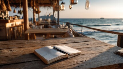 Wooden table at a breezy seaside cafe with journal open and pen, natural sunset glow, airy minimalist summer aesthetic