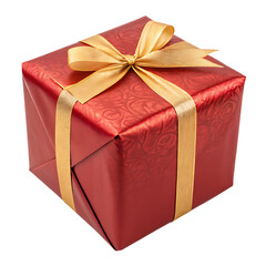 Ai generated image of red gift box with embossed pattern, tied with a golden ribbon and bow, symbolizing celebration and surprise, isolated on transparent background