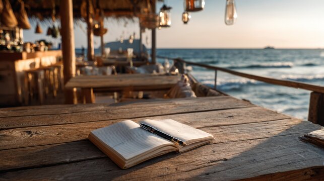 Wooden table at a breezy seaside cafe with journal open and pen, natural sunset glow, airy minimalist summer aesthetic