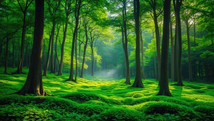 Naklejka premium Lush green forest scene with tall trees and sunlight filtering through the canopy. Nature and tranquility, concept. Forest landscape and serenity. The concept of natural environment and peace