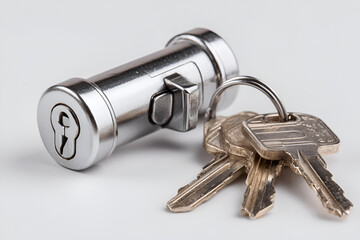 Silver cylinder lock and keys on a white background