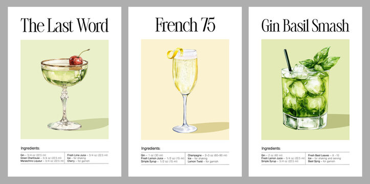 Watercolor recipe poster featuring three gin cocktails: The Last Word, French 75, and Gin Basil Smash. Elegant printable art for kitchen, bar decor, mixology fans, and cocktail lovers.
