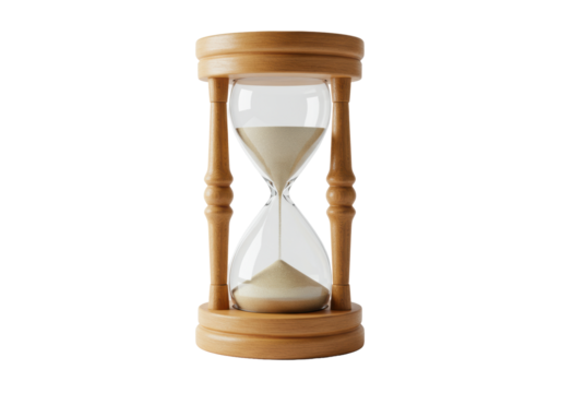 Perfectly rendered classic hourglass with polished light brown wooden pillars, clear glass, fine light beige sand actively flowing, isolated on transparent, negative space. Concept of effective time