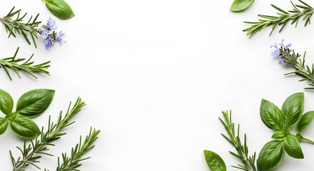 Naklejka premium Fresh Herbs Composition on White Background Rosemary, Basil, and Lavender for Culinary or Wellness