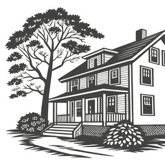 Vintage American House with Tree Illustration