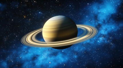 Naklejka premium Cartoon-Style Ringed Planet in Cosmic Blue: Hyperrealistic 3D Render with Volumetric Lighting and Cinematic Depth of Field