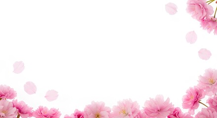 Obraz premium A delicate frame of beautiful pink cherry blossom flowers and soft falling petals on a pure white background, concept of spring.